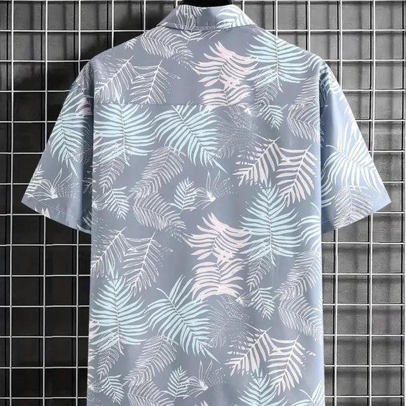 Men's Colorful Gray Tropical Print Button Down Short Sleeve Hawaiian Shirt - NEW - Picture 4 of 4